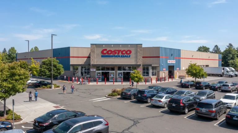 Is Costco open on July 4, 2026 exterior view of a Costco Wholesale warehouse with customers and parked cars