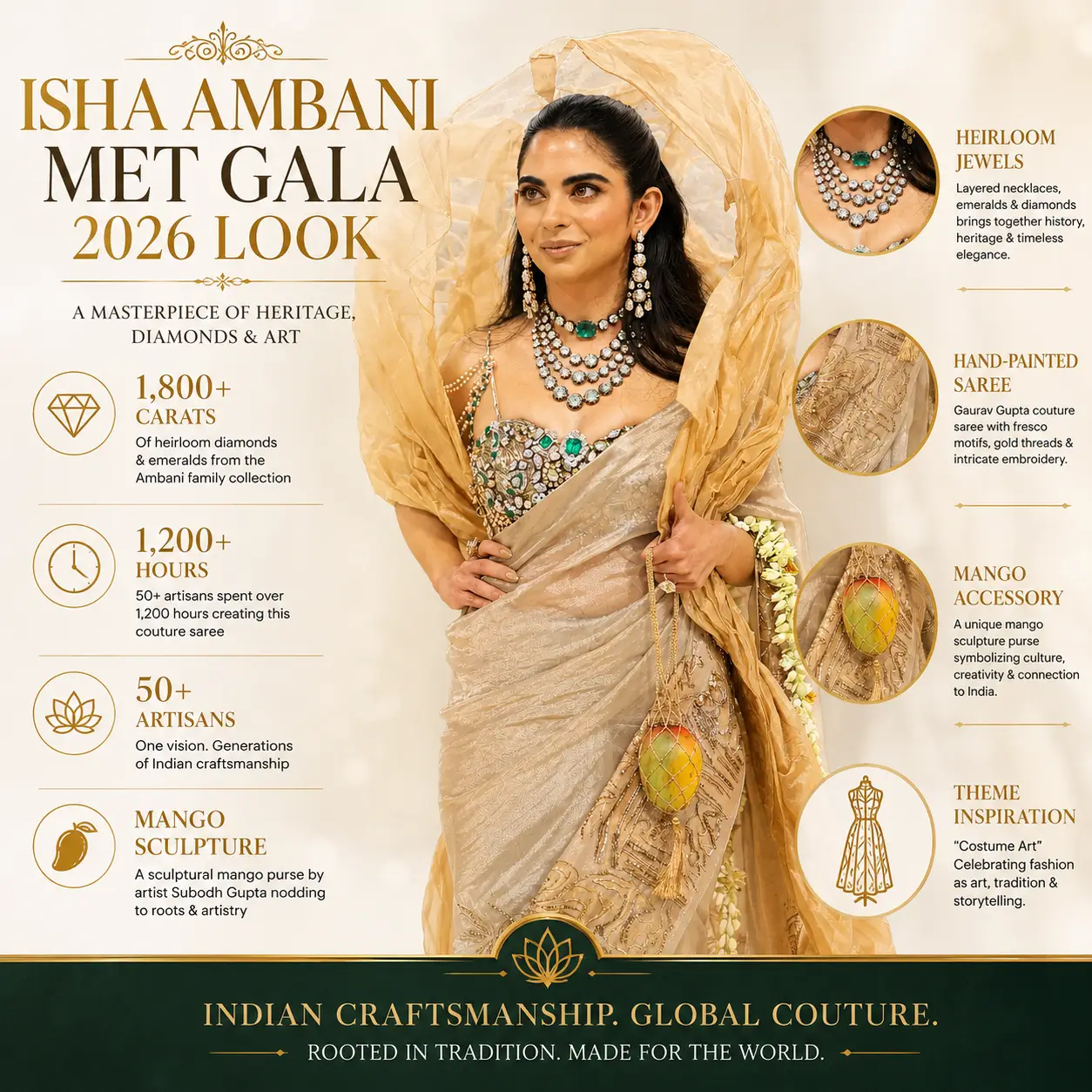 Isha Ambani at the Met Gala 2026 wearing a gold hand-painted couture saree by Gaurav Gupta, layered with heirloom diamond and emerald jewelry totaling over 1,800 carats, featuring a sculptural drape and mango-inspired accessory.