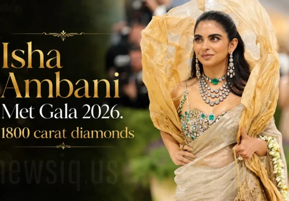 Isha Ambani at Met Gala 2026 wearing a custom gold Gaurav Gupta saree with 1,800 carats of diamonds and emeralds in New York City