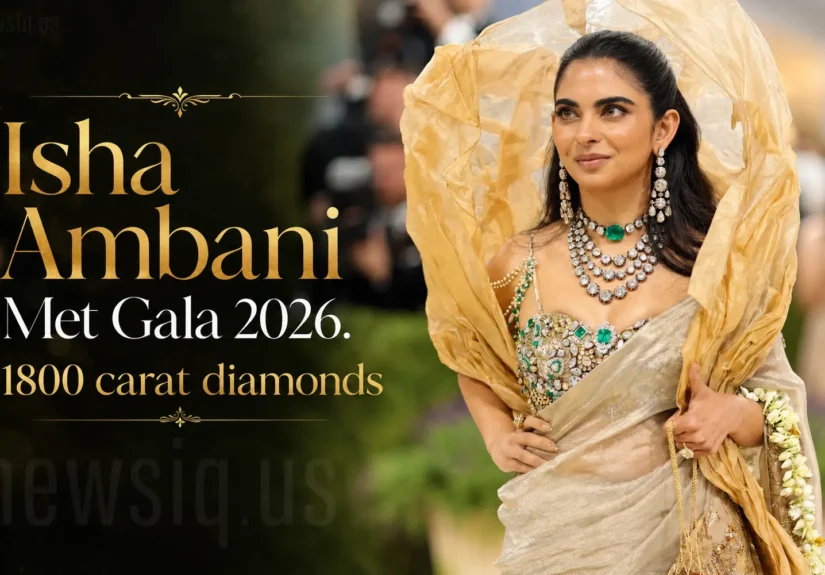 Isha Ambani at Met Gala 2026 wearing a custom gold Gaurav Gupta saree with 1,800 carats of diamonds and emeralds in New York City