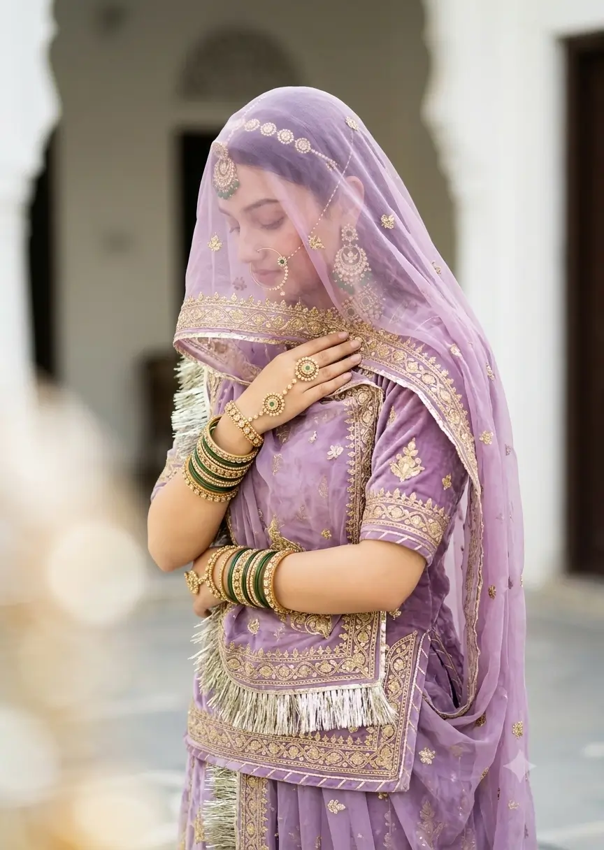 Strict identity locked lavender velvet lehenga portrait.