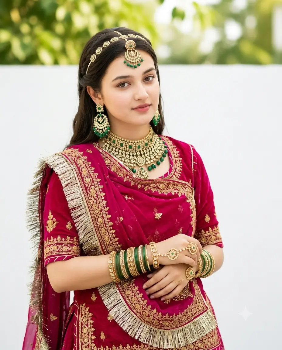 Beautiful young Indian woman in dark pink velvet Rajputi Poshak.