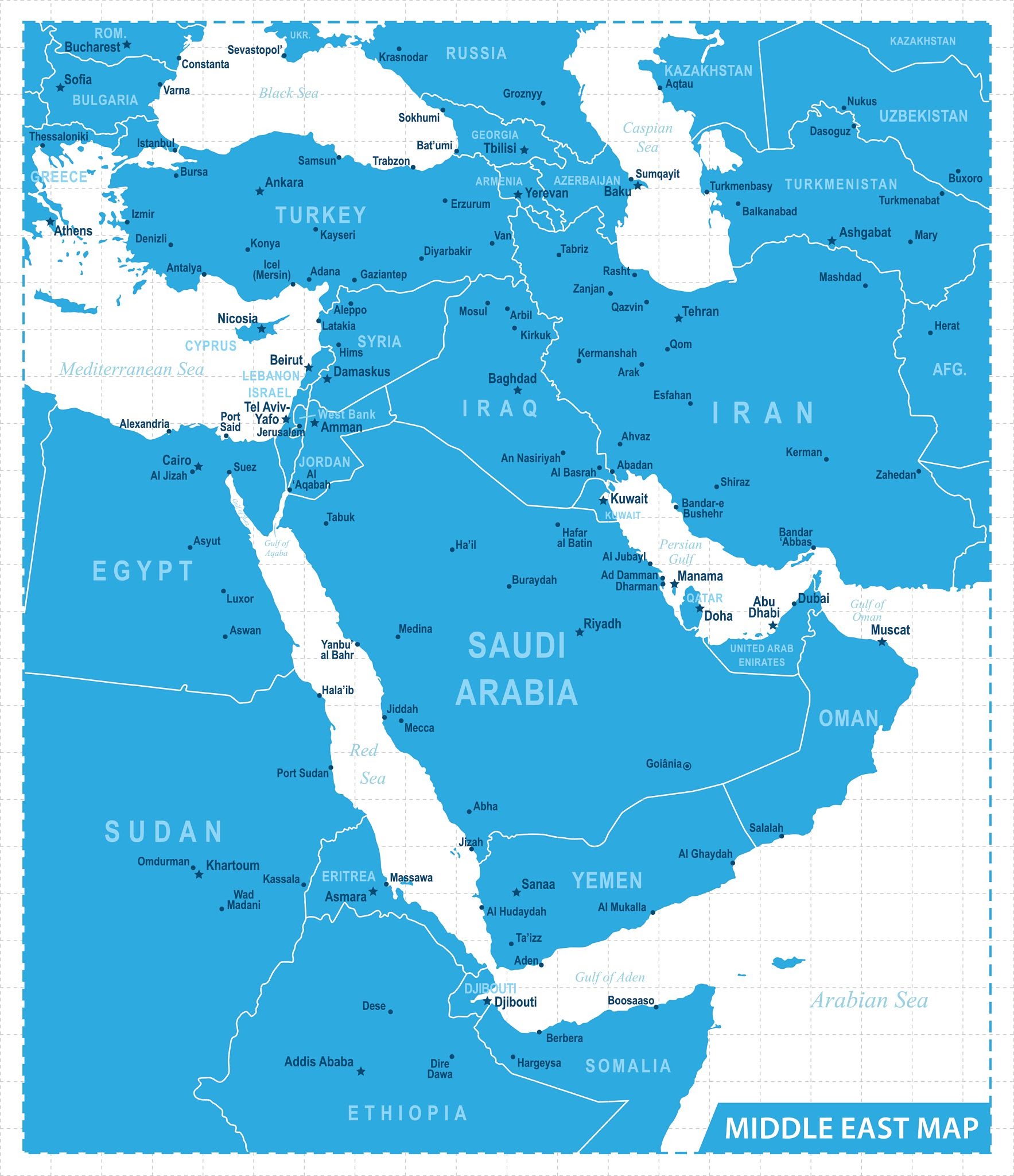 map of the Middle East and surrounding regions, highlighting nations like Saudi Arabia, Iran, Israel, Egypt, and Turkey, with major cities and maritime borders clearly marked