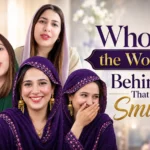 Viral mystery girl in a purple salwar kameez from the Iraq match smiling and covering her mouth, shown alongside Pakistani media anchor Rabia Anum Obaid.