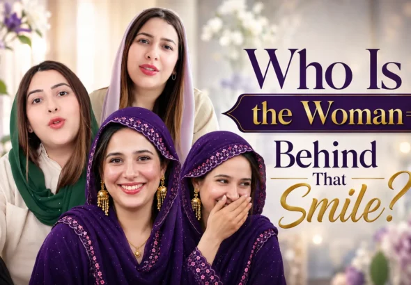 Viral mystery girl in a purple salwar kameez from the Iraq match smiling and covering her mouth, shown alongside Pakistani media anchor Rabia Anum Obaid.
