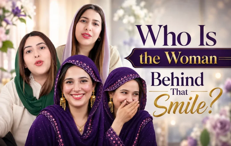Viral mystery girl in a purple salwar kameez from the Iraq match smiling and covering her mouth, shown alongside Pakistani media anchor Rabia Anum Obaid.