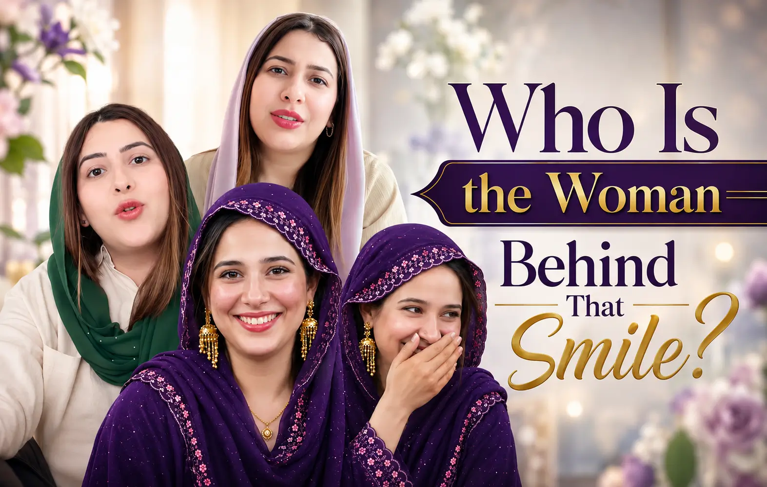 Viral mystery girl in a purple salwar kameez from the Iraq match smiling and covering her mouth, shown alongside Pakistani media anchor Rabia Anum Obaid.