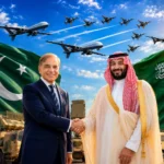 Pakistan troops Saudi Arabia defense pact imagery showing Sharif, MBS, JF-17 jets, military drones, and HQ-9 missile system.