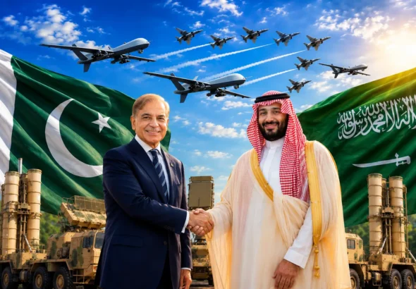 Pakistan troops Saudi Arabia defense pact imagery showing Sharif, MBS, JF-17 jets, military drones, and HQ-9 missile system.