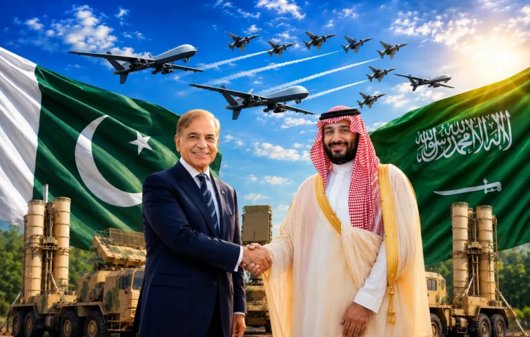 Pakistan troops Saudi Arabia defense pact imagery showing Sharif, MBS, JF-17 jets, military drones, and HQ-9 missile system.