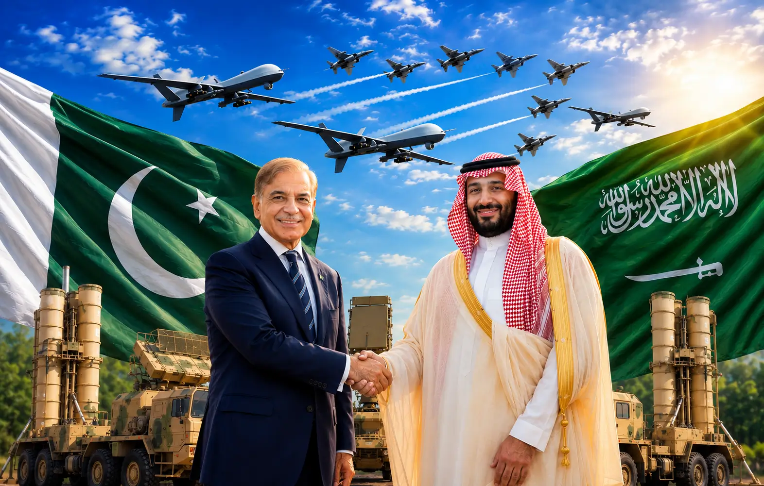 Pakistan troops Saudi Arabia defense pact imagery showing Sharif, MBS, JF-17 jets, military drones, and HQ-9 missile system.
