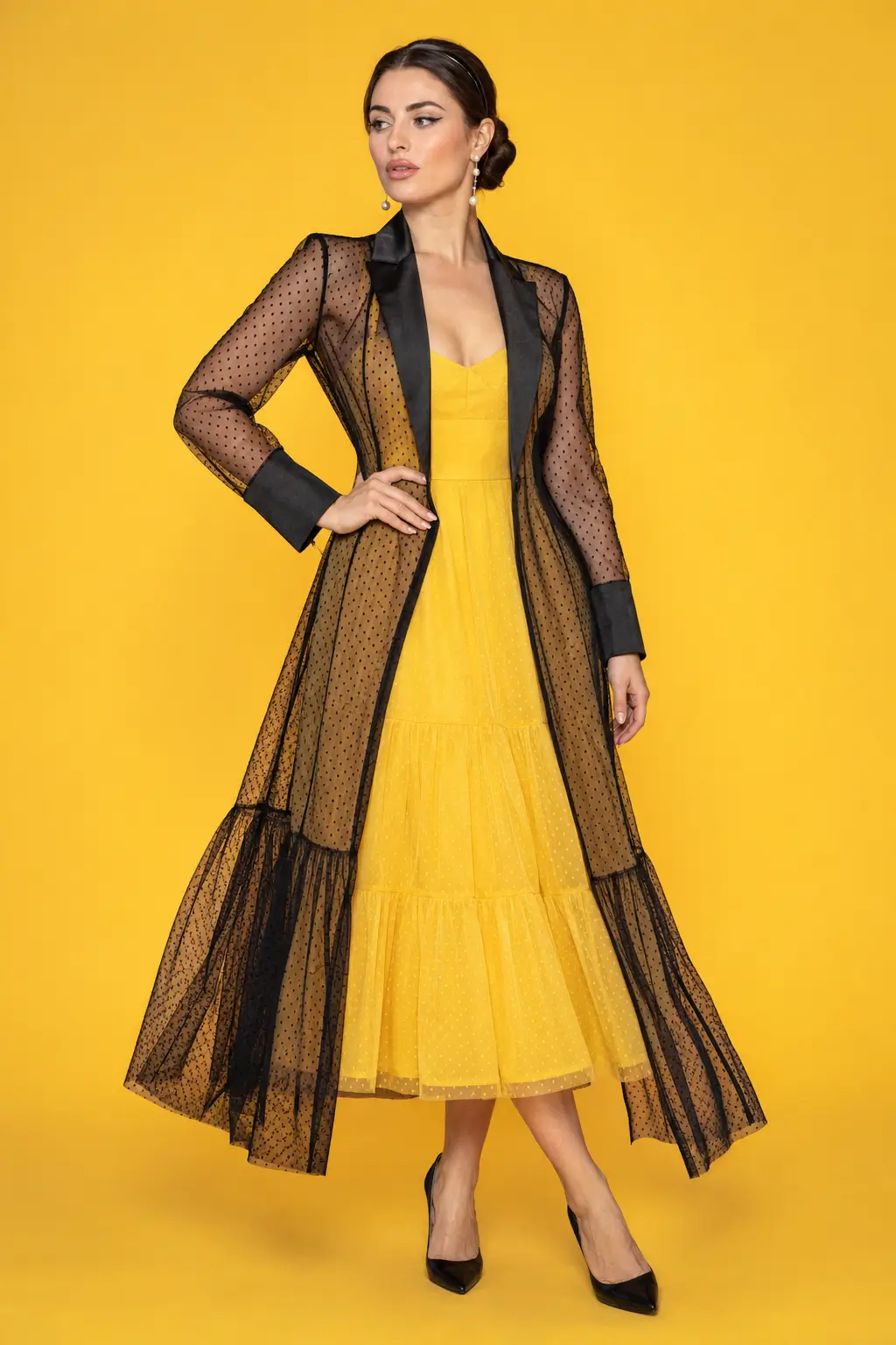 Stop Paying Editors: These ChatGPT Prompts Edit Your Photos for Free High fashion model in yellow dress and sheer duster on yellow backdrop