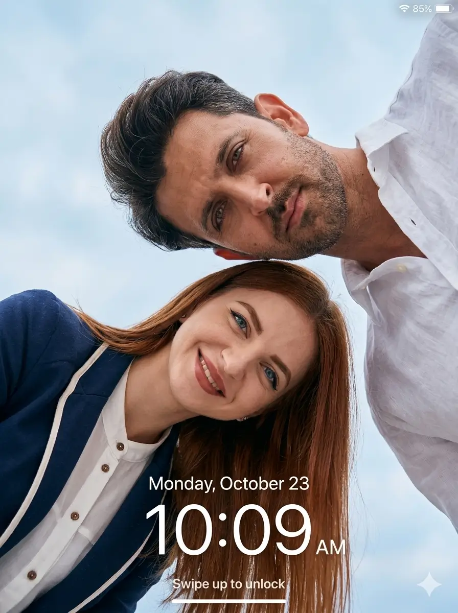 Modern Low-Angle Lockscreen Selfie AI Prompt for Couples - Realistic Skin Textures
