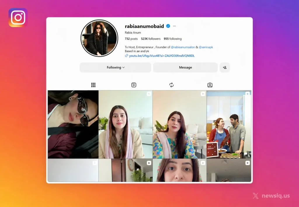 A screenshot of Pakistani TV host and entrepreneur Rabia Anum Obaid's verified Instagram profile, used to compare against the mystery girl viral video.