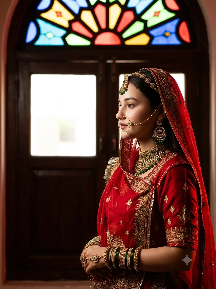 Majestic indoor profile portrait of a Rajputi bride next to a stained glass window.