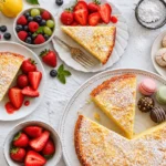 Slices of ricotta and lemon cake recipe dusted with icing sugar, served with roasted strawberries on white plates
