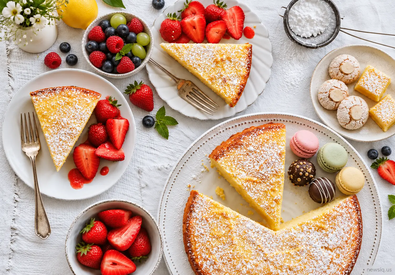 Slices of ricotta and lemon cake recipe dusted with icing sugar, served with roasted strawberries on white plates