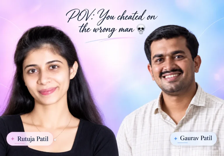 Love, Leak, and Revenge: How a Breakup Brought Down an MPSC Scam Side-by-side portraits of Rutuja Patil and Gaurav Patil with overlay text: POV You cheated on the wrong man. Used as feature image for the MPSC paper leak story.