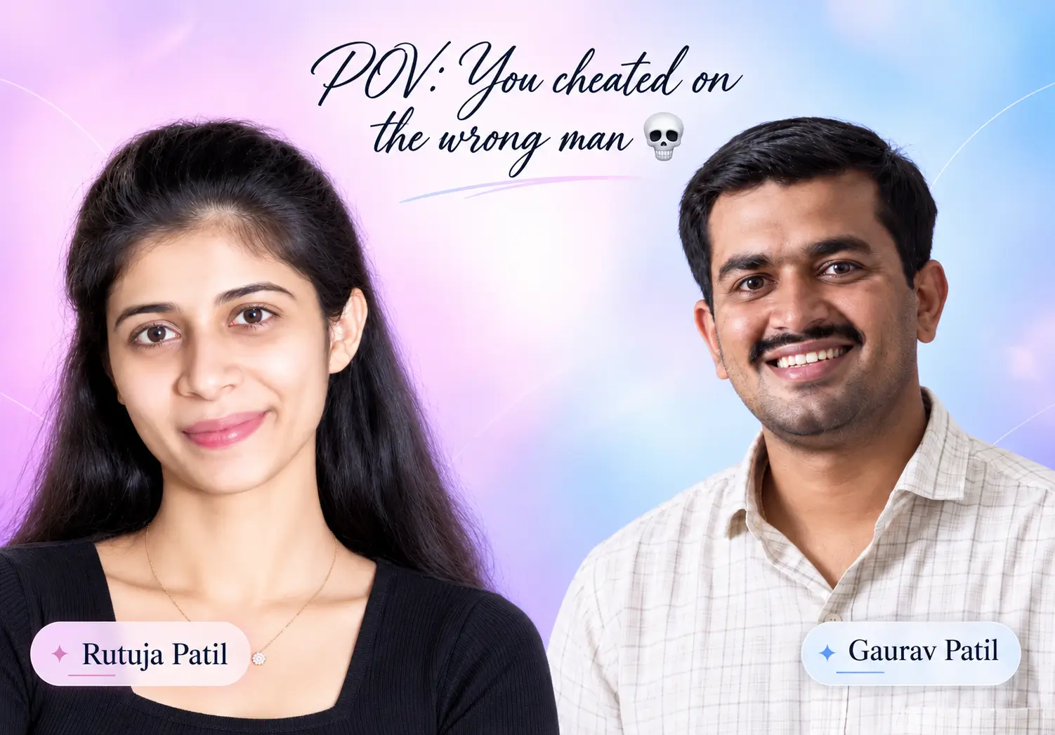 Side-by-side portraits of Rutuja Patil and Gaurav Patil with overlay text: POV You cheated on the wrong man. Used as feature image for the MPSC paper leak story.
