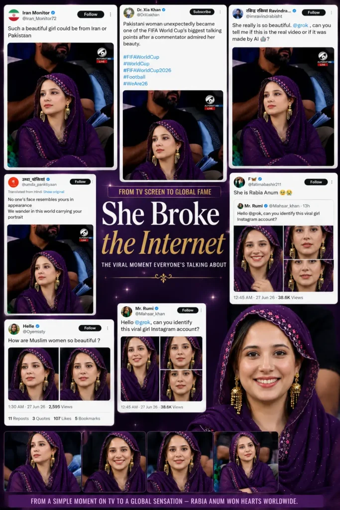 A collage of social media posts on X and Twitter discussing the viral mystery girl in a purple salwar kameez at an Iraq football match, questioning if the video is AI or features Rabia Anum Obaid.