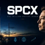 A profile portrait of Elon Musk next to a vertical Falcon rocket on its launchpad during sunset, representing the SpaceX IPO