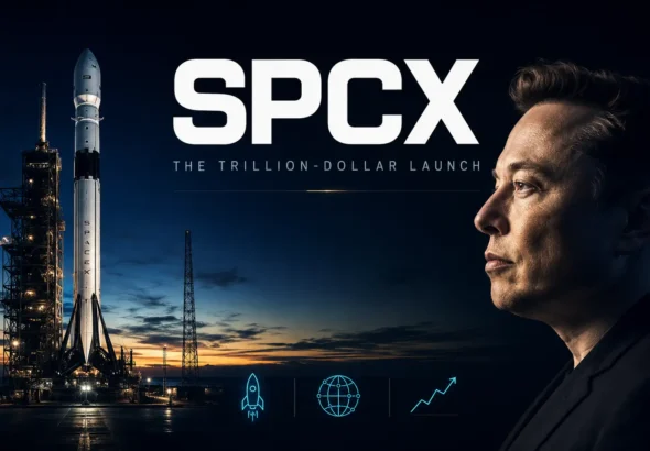 A profile portrait of Elon Musk next to a vertical Falcon rocket on its launchpad during sunset, representing the SpaceX IPO