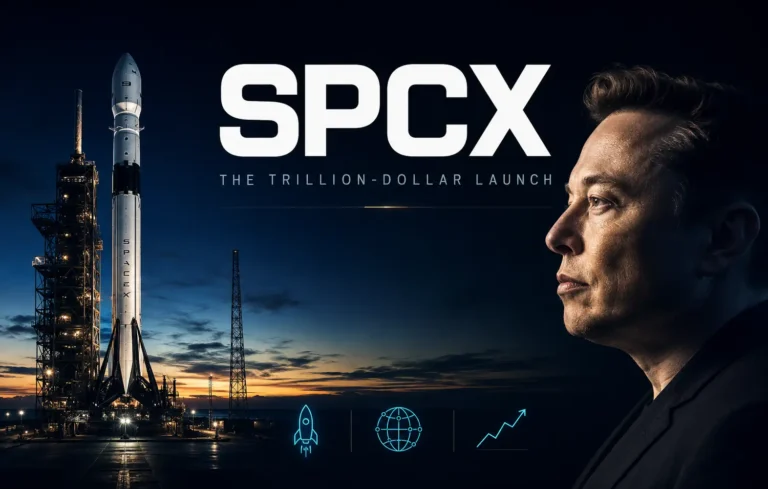 SpaceX Shares Set to Begin Trading in Record-Breaking $75 Billion IPO A profile portrait of Elon Musk next to a vertical Falcon rocket on its launchpad during sunset, representing the SpaceX IPO
