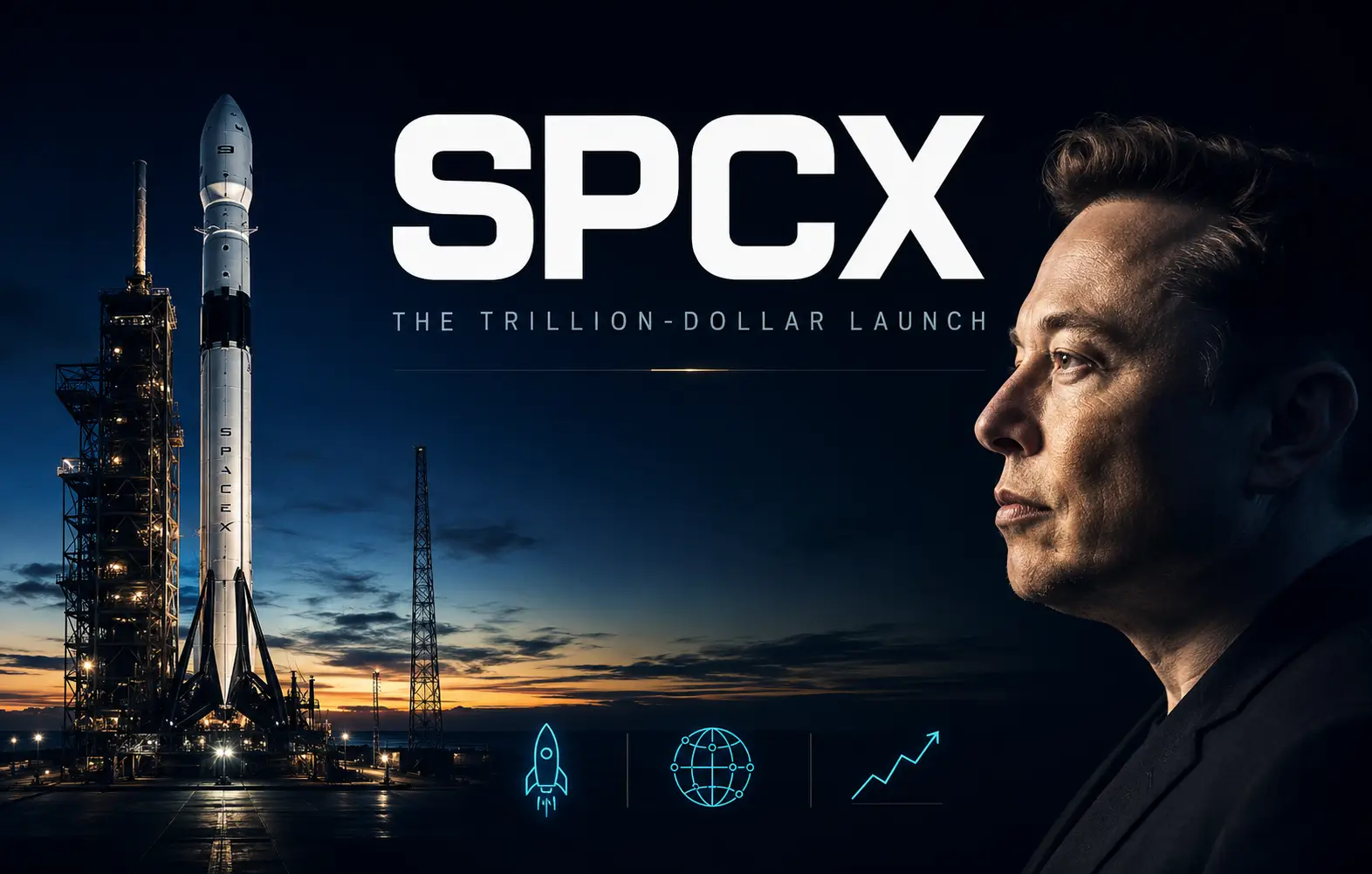 A profile portrait of Elon Musk next to a vertical Falcon rocket on its launchpad during sunset, representing the SpaceX IPO