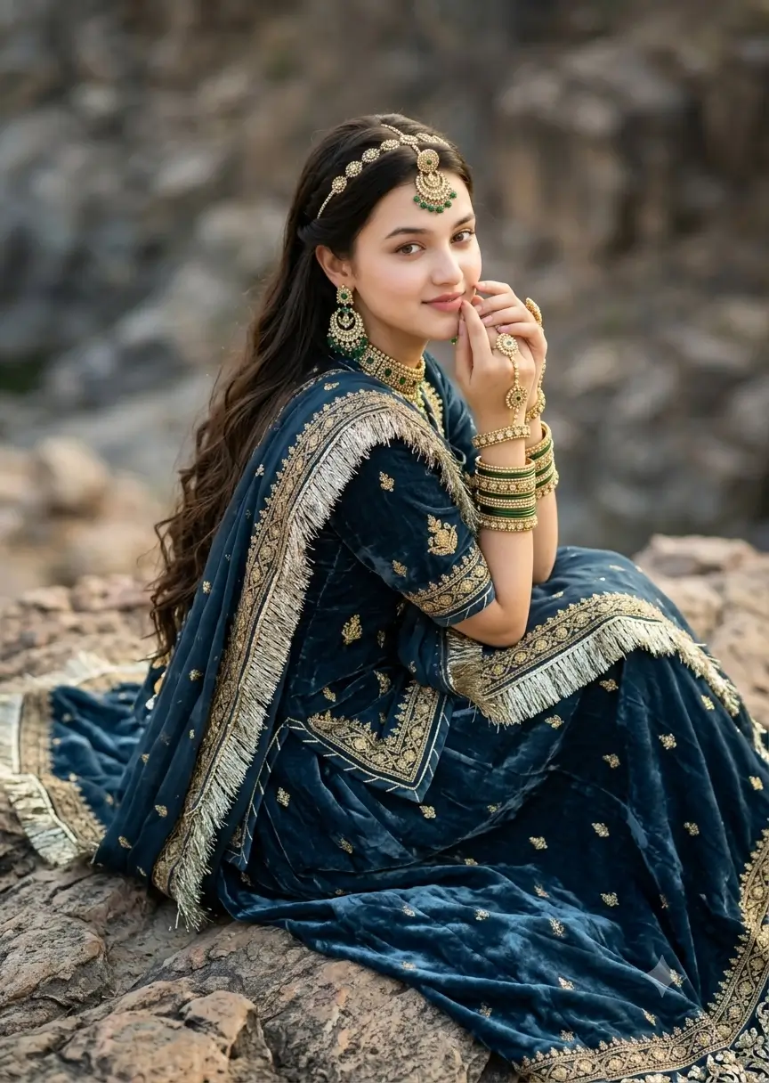 Beautiful young woman sitting in sophisticated ice-blue velvet lehenga.