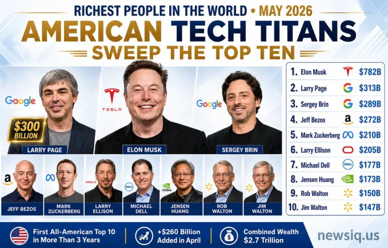 Richest people in the world May 2026 list showing Elon Musk, Larry Page, Sergey Brin and other top billionaires with their net worth