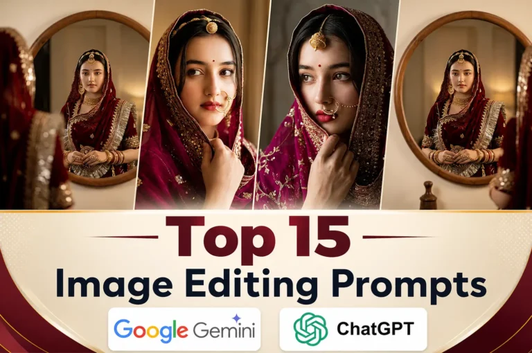 A feature collage showing a traditional Indian bride, titled Top 15 Image Editing Prompts, featuring Google Gemini and ChatGPT logos.