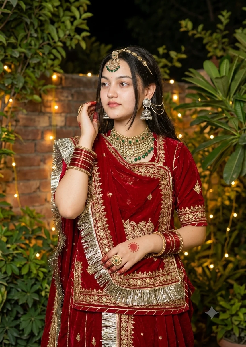 Detailed close-up on stairs displaying heavy gold Gota Patti embroidery.