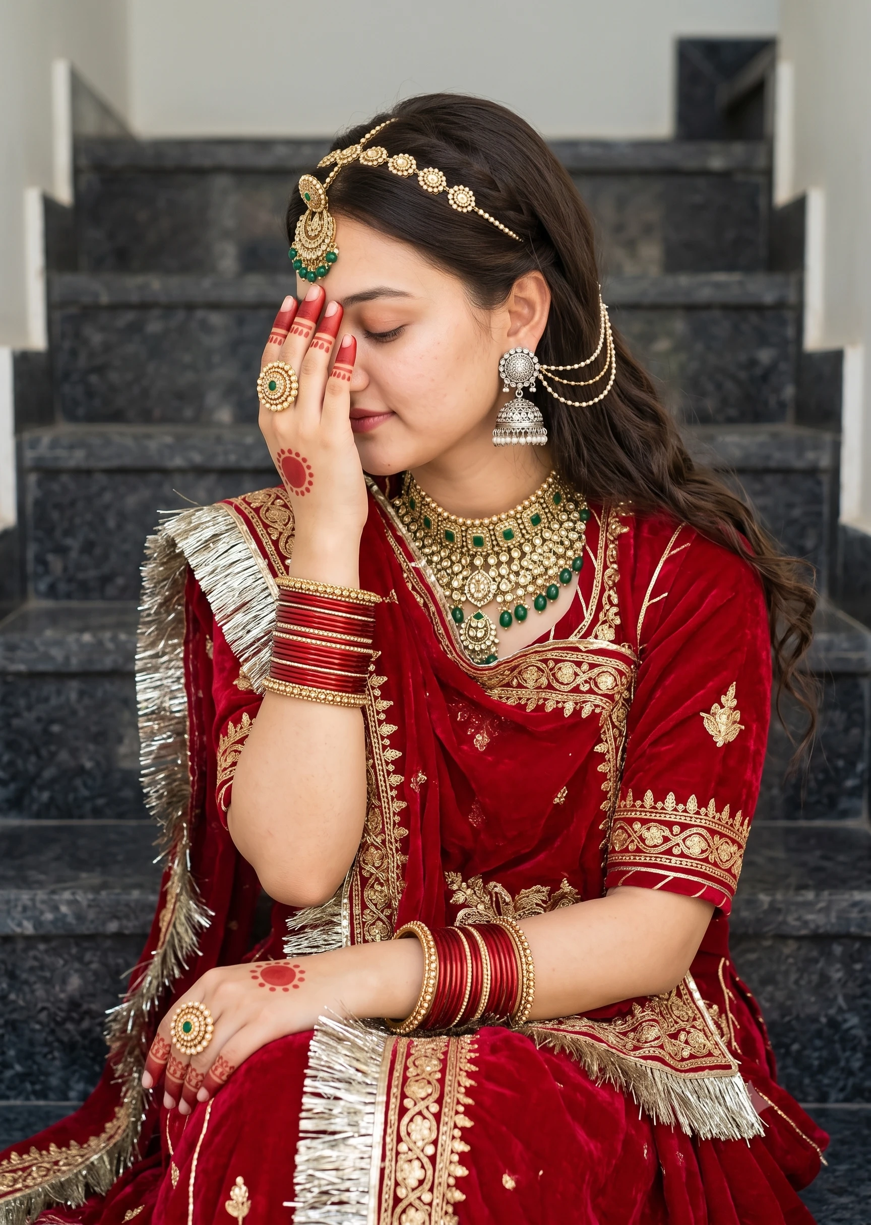 Rajputi woman in crimson velvet poshak sitting on indoor stone stairs.