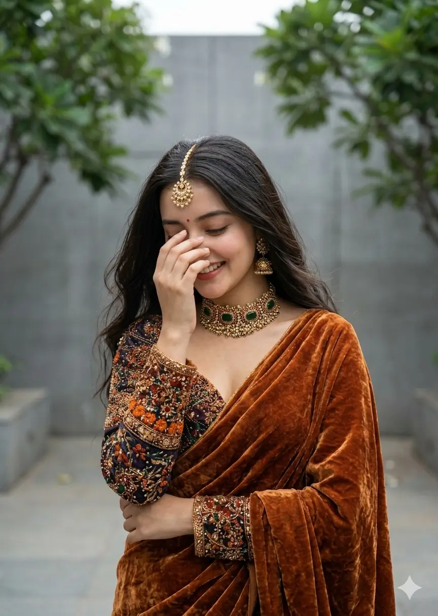 Young woman with hand covering face in elegant traditional saree.
