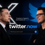 Elon Musk and Twitter.now co-founder Stephen Coates shown with X and blue bird logos
