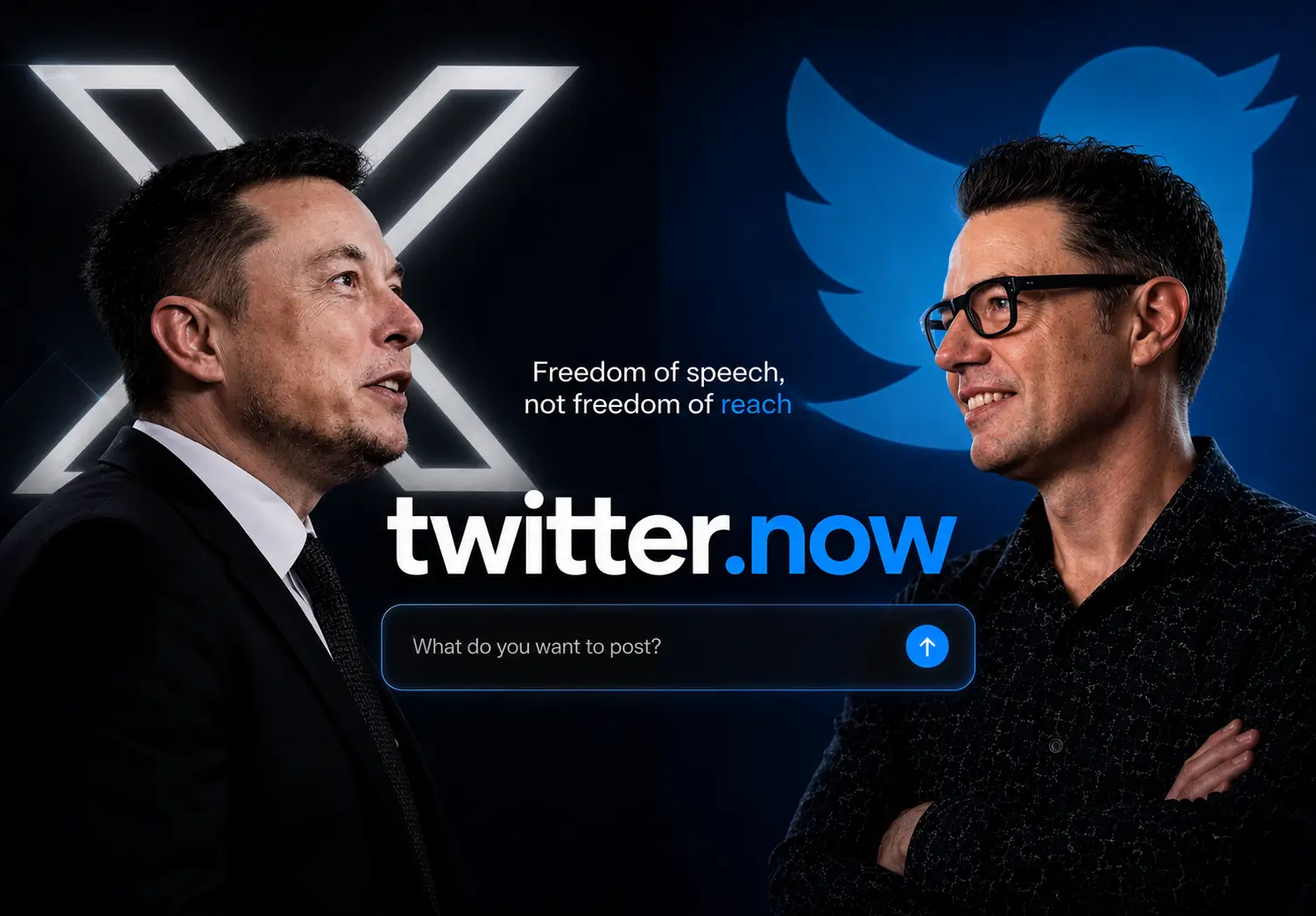 Elon Musk and Twitter.now co-founder Stephen Coates shown with X and blue bird logos
