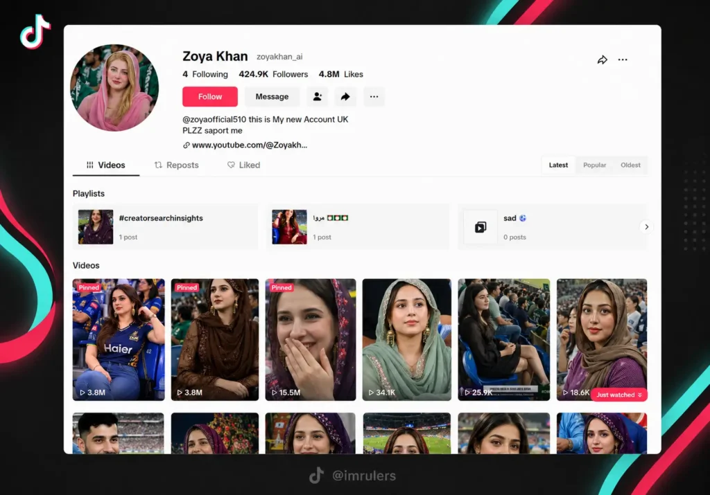 A screenshot of the Zoya Khan TikTok account showcasing viral AI-generated content featuring the mystery girl from the Iraq football match.